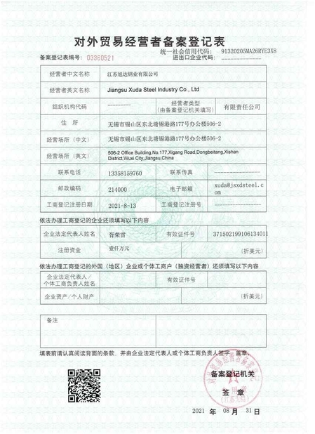 Chiny Jiangsu Xuda Steel Industry Co., LTD Certyfikaty